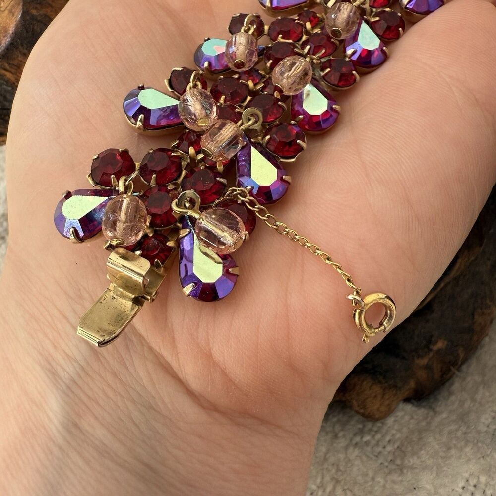 Vintage Kramer Demi-Parure Red Aurora Borealis AB Teardrop Pink Dangle Balls - Picture 13 of 16